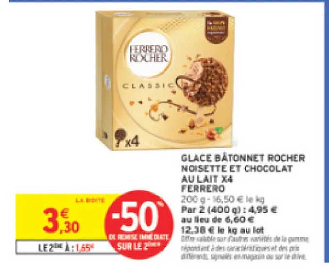 GLACE BÂTONNET ROCHER NOISETTE ET CHOCOLAT AU LAIT X4 FERRERO