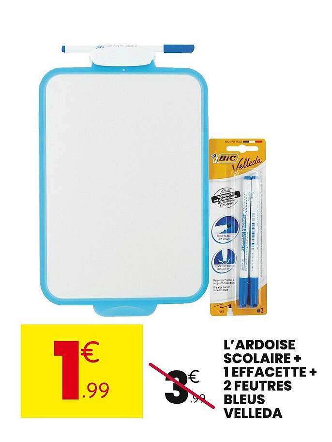 L'ardoise scolaire + 1 effacette + 2 feutres bleus Velleda