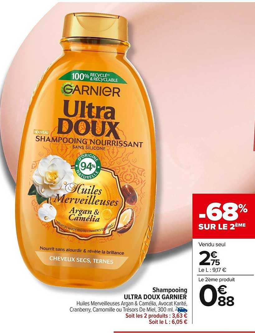 Shampoing ULTRA DOUX GARNIER Huiles Merveilleuses Argan & Camélia