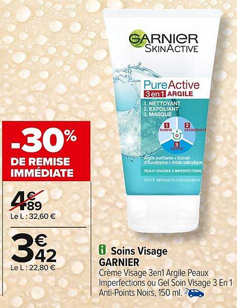 Soins Visage GARNIER Crème Visage 3en1 Argile Peaux Imperfections