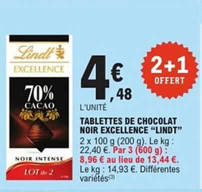 TABLETTES DE CHOCOLAT NOIR EXCELLENCE "LINDT"