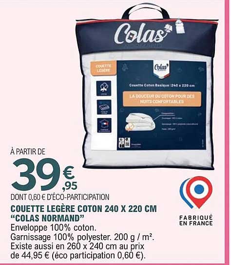 COUETTE LÉGÈRE COTON 240 X 220 CM "COLAS NORMAND"