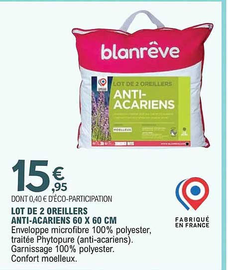 LOT DE 2 OREILLERS ANTI-ACARIENS 60 X 60 CM