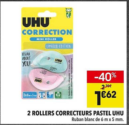 2 ROLLERS CORRECTEURS PASTEL UHU