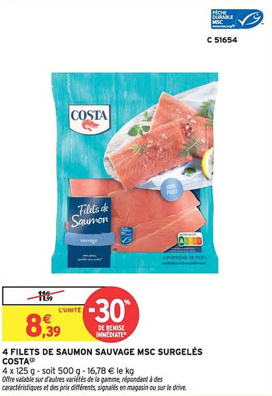 4 FILETS DE SAUMON SAUVAGE MSC SURGELÉS COSTA