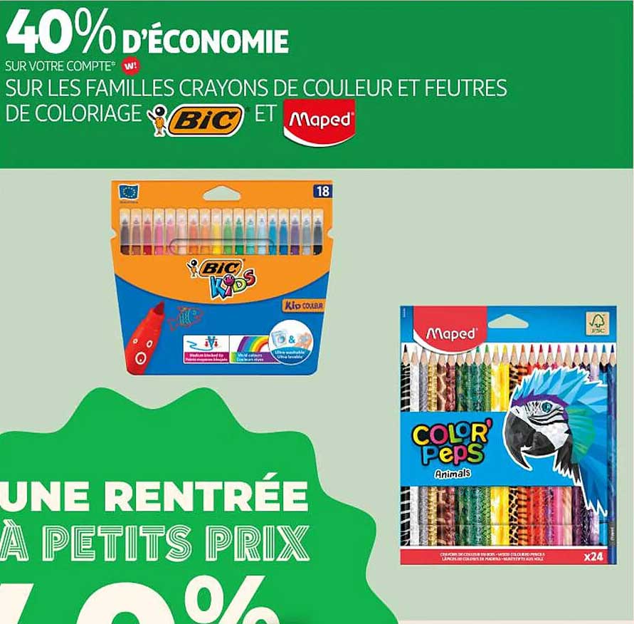 40% d'économie sur votre compte sur les familles Crayons de couleur et feutres Bic et Maped