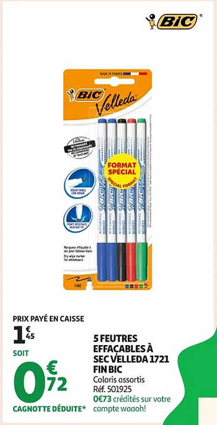 5 FEUTRES EFFACABLES À SEC VELLEDA 1721 FIN BIC