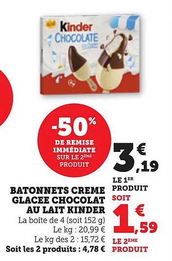 Batonnets Crème Glacée Chocolat au Lait Kinder