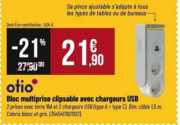 Bloc multiprise clipsable avec chargeurs USB