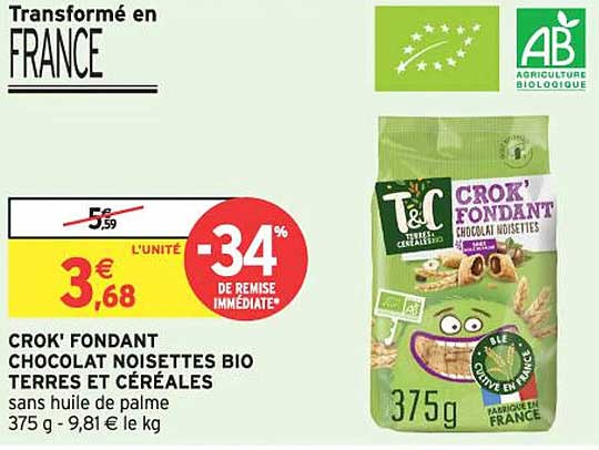 CROK' FONDANT CHOCOLAT NOISETTES BIO TERRRES ET CÉRÉALES