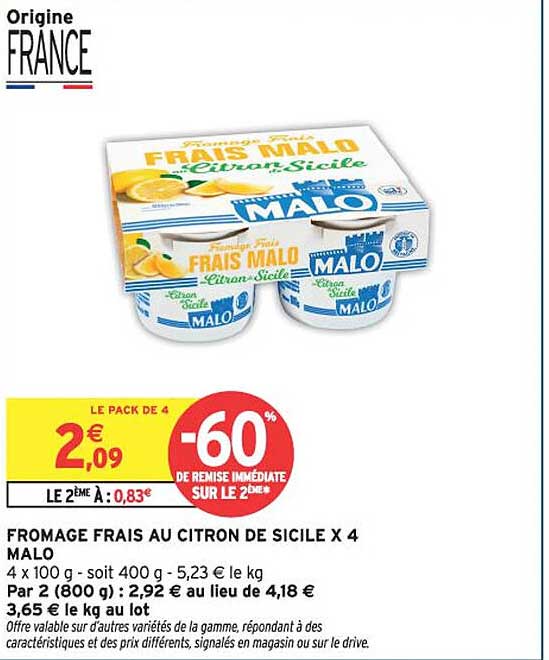 FROMAGE FRAIS AU CITRON DE SICILE X 4 MALO