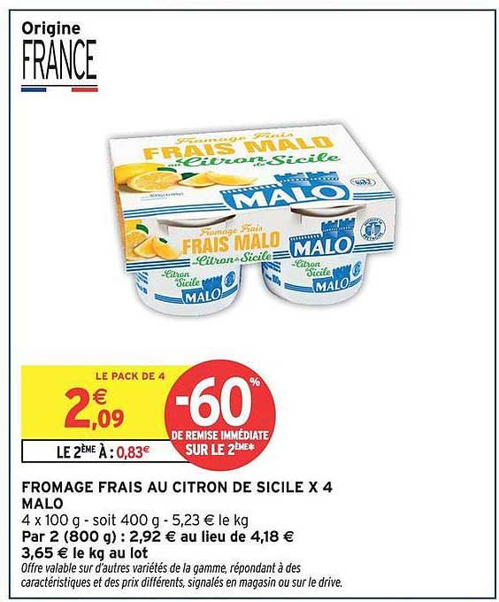 FROMAGE FRAIS AU CITRON DE SICILE X 4 MALO