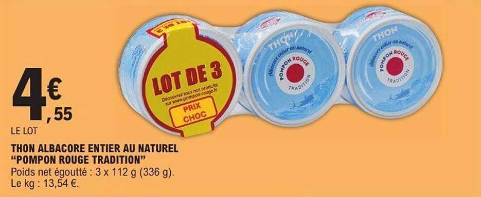 LOT DE 3 THON ALBACORE ENTIER AU NATUREL "POMPON ROUGE TRADITION"