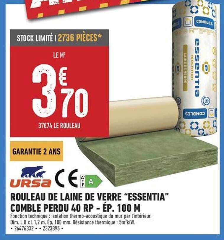 Rouleau de laine de verre “Essentia” comble perdu 40 RP - Ép. 100 M