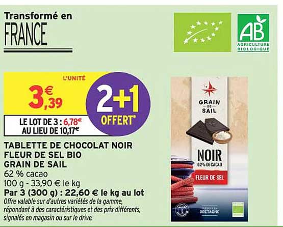 TABLETTE DE CHOCOLAT NOIR FLEUR DE SEL BIO GRAIN DE SAIL