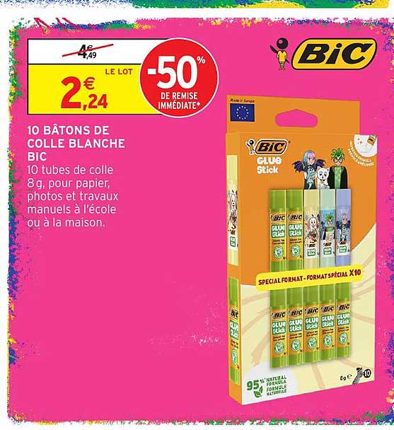 10 BÂTONS DE COLLE BLANCHE BIC
