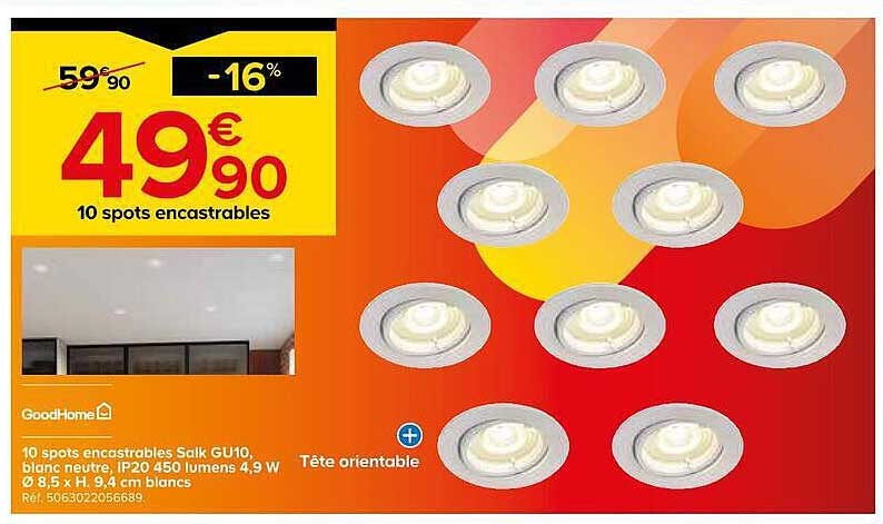10 spots encastrables Salk GU10, blanc neutre, IP20 450 lumens 4,9 W