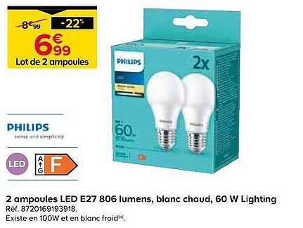 2 ampoules LED E27 806 lumens, blanc chaud, 60 W Lighting