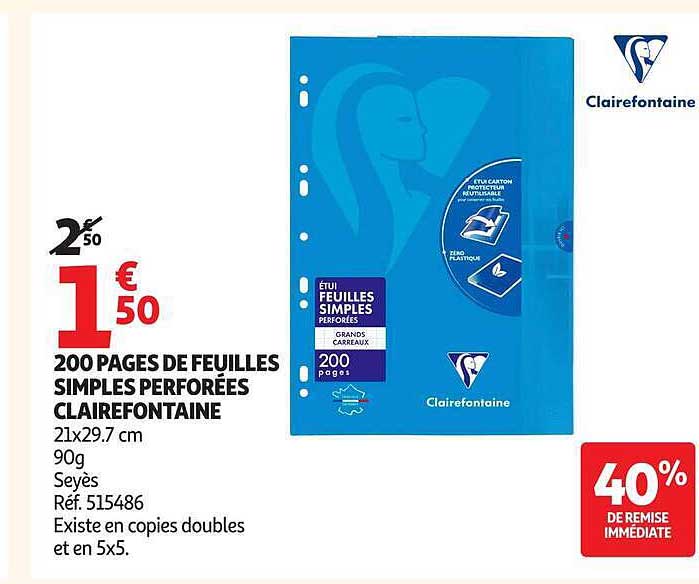 200 PAGES DE FEUILLES SIMPLES PERFORÉES CLAIREFONTAINE