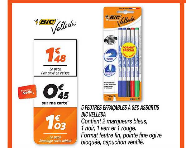 5 FEUTRES EFFACABLES A SEC ASSORTIS BIC VELLEDA