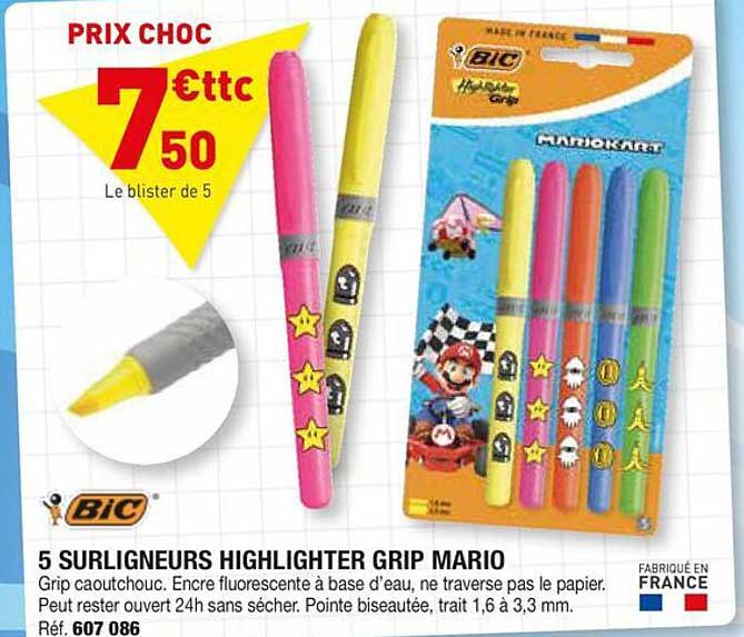 5 SURLIGNEURS HIGHLIGHTER GRIP MARIO