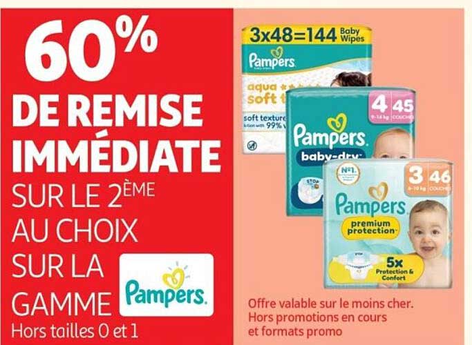 60% DE REMISE IMMEDIATE SUR LE 2ÈME AU CHOIX SUR LA GAMME Pampers. Hors tailles 0 et 1