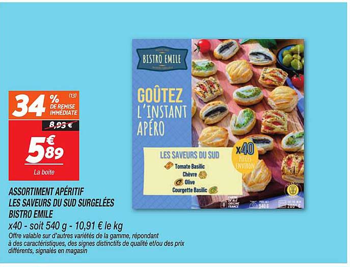 ASSORTIMENT APÉRITIF LES SAVEURS DU SUD SURGELÉES BISTRO EMILE x40 - soit 540 g - 10,91 € le kg
