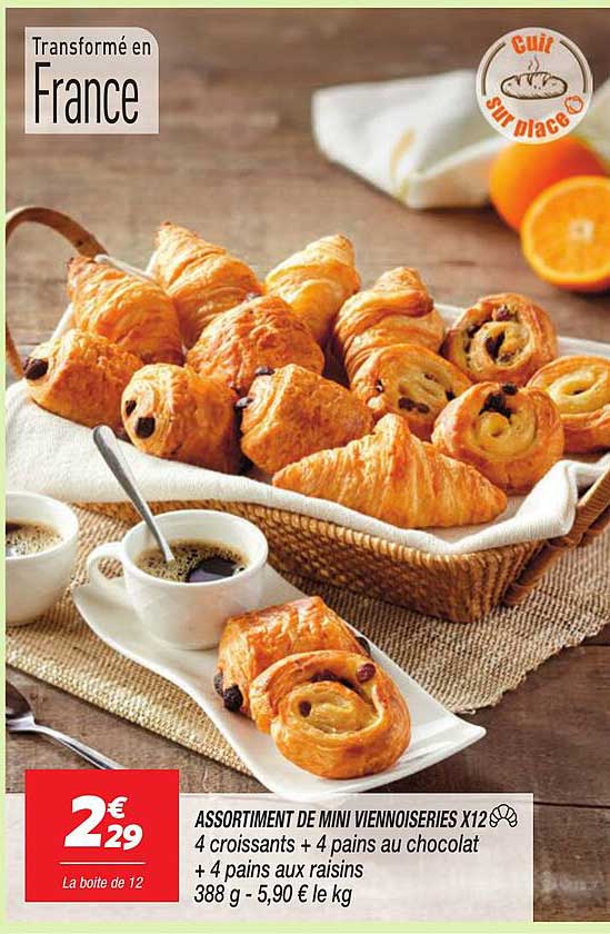ASSORTIMENT DE MINI VIENNOISERIES X12 4 croissants + 4 pains au chocolat + 4 pains aux raisins 388 g - 5,90 € le kg