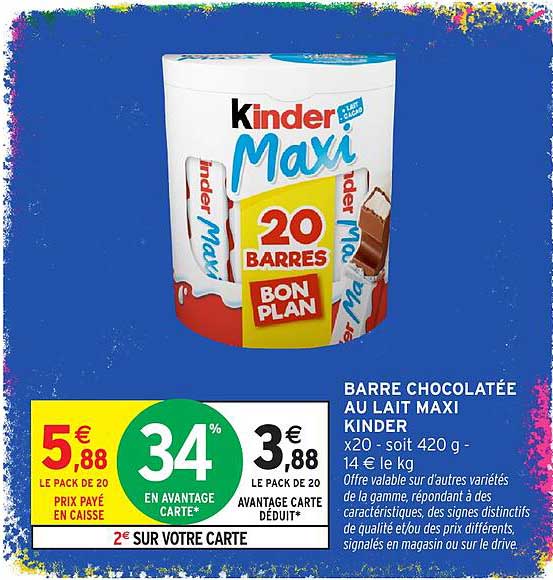 BARRE CHOCOLATÉE AU LAIT MAXI KINDER x20 - soit 420 g - 14 € le kg