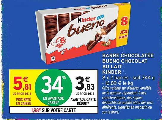 BARRE CHOCOLATÉE BUENO CHOCOLAT AU LAIT KINDER