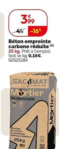 Béton empreinte carbone réduite (1) 25 kg. Prêt à l’emploi. Soit le kg 0,16€.
