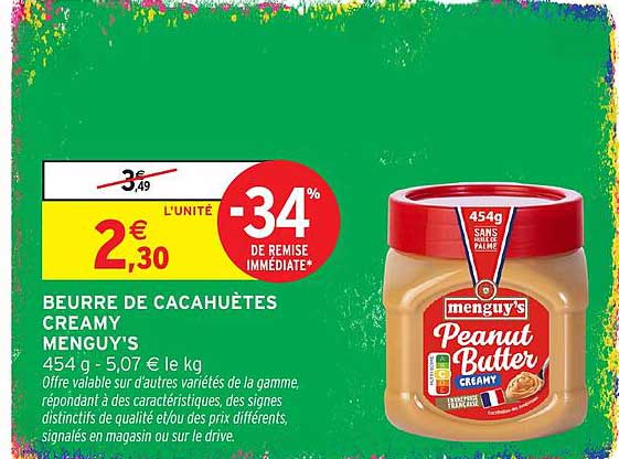 BEURRE DE CACAHUÈTES CREAMY MENGUY'S 454 g - 5,07 € le kg