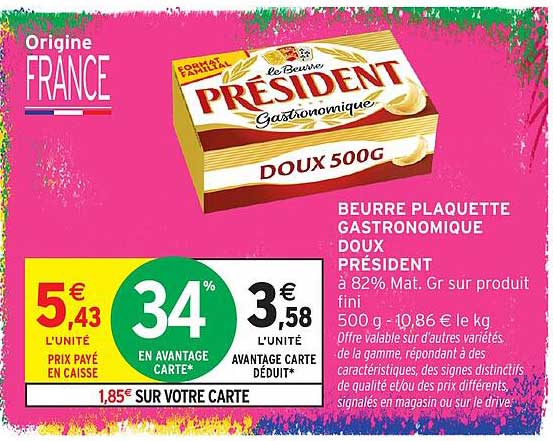BEURRE PLAQUETTE GASTRONOMIQUE DOUX PRÉSIDENT