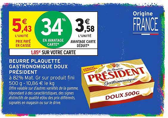 BEURRE PLAQUETTE GASTRONOMIQUE DOUX PRÉSIDENT