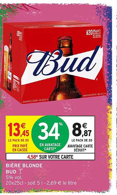 BIÈRE BLONDE BUD 5% vol. 20x25cl - soit 5 l - 2,69 € le litre