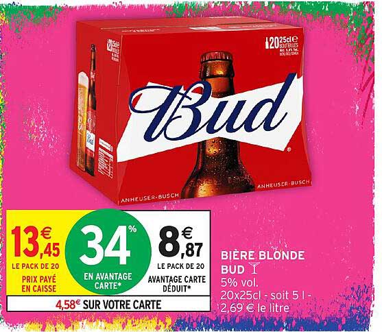 BIÈRE BLONDE BUD 5% vol. 20x25cl - soit 5 l - 2,69 € le litre