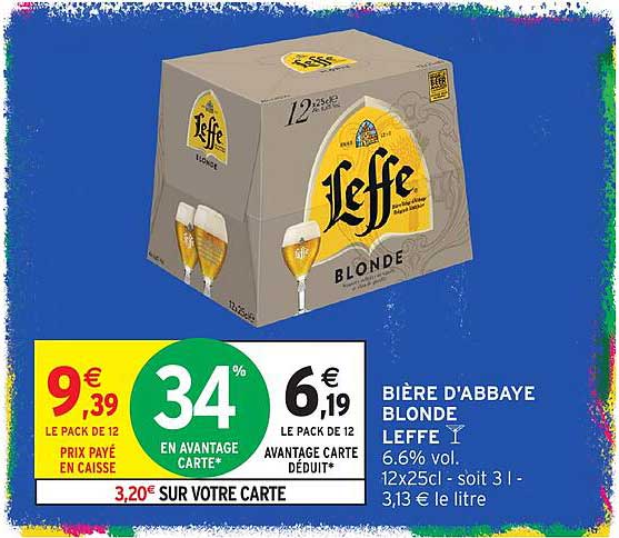 BIÈRE D'ABBAYE BLONDE LEFFE 6.6% vol. 12x25cl - soit 3 l - 3,13 € le litre