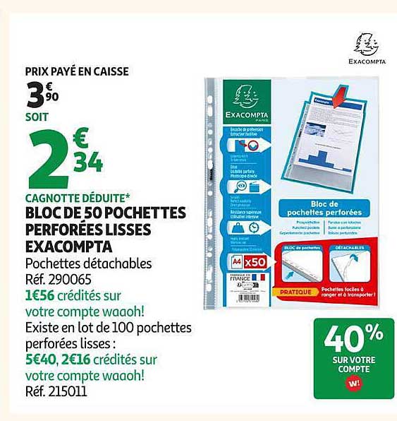 BLOC DE 50 POCHETTES PERFORÉES LISSES EXACOMPTA