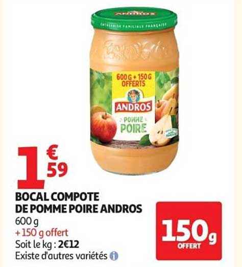 BOCAL COMPOTE DE POMME POIRE ANDROS 600 g +150 g offert