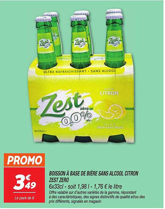 BOISSON A BASE DE BIERE SANS ALCOOL CITRON ZEST ZERO 6x33cl - soit 1,98 l - 1,76 € le litre