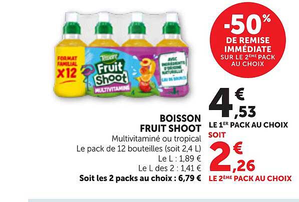 Boisson Fruit Shoot multivitaminé ou tropical - Le pack de 12 bouteilles (soit 2,4 L)
