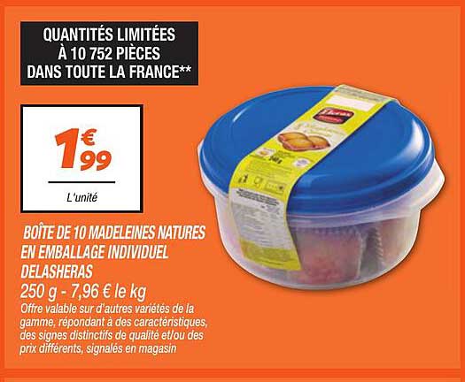 BOÎTE DE 10 MADELEINES NATURES EN EMBALLAGE INDIVIDUEL DELASHEARS 250 g - 7,96 € le kg