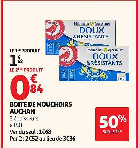 BOITE DE MOUCHOIRS AUCHAN 3 épaisseurs x 150