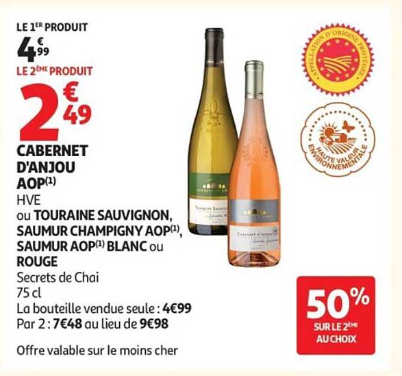 CABERNET D'ANJOU AOP(1) HVE ou TOURAINE SAUVIGNON, SAUMUR CHAMPIGNY AOP(1), SAUMUR AOP(1) BLANC ou ROUGE Secrets de Chai 75 cl