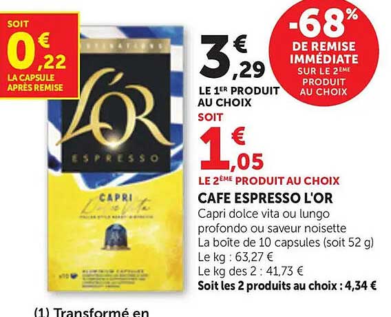 CAFÉ ESPRESSO L'OR Capri dolce vita ou lungo profondou saveur noisette