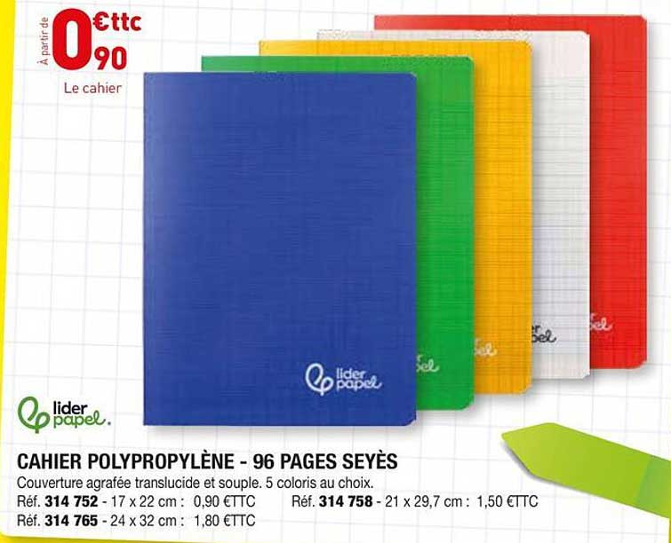 CAHIER POLYPROPYLÈNE - 96 PAGES SEYES