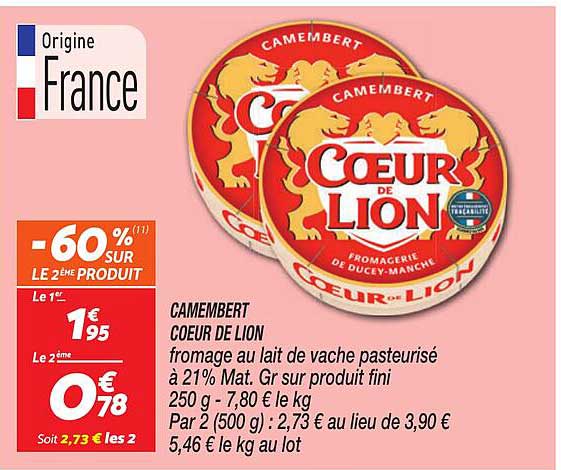 CAMEMBERT COEUR DE LION fromage au lait de vache pasteurisé à 21% Mat. Gr sur produit fini 250 g