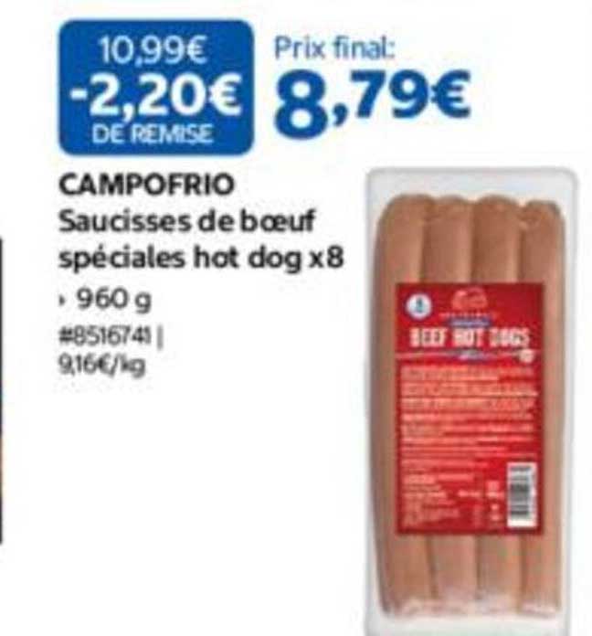 CAMPOFRIO Saucisses de boeuf spéciales hot dog x8