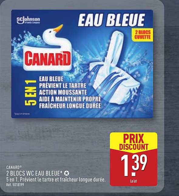 CANARD 2 BLOCS WC EAU BLEUE* 5 en 1. Prévient le tartre et fraîcheur longue durée.