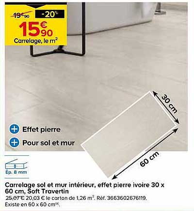 Carrelage sol et mur intérieur, effet pierre ivoire 30 x 60 cm, Soft Travertin